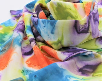 Hand Painted Silk Scarf - Purple Navy Blue Lime Green Avocado Orange White Rainbow Bright Spring Summer Handpainted Ladies Scarves 0509