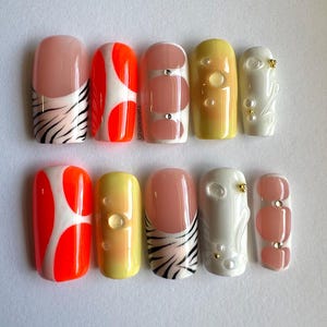 Orange Tropical Press-On Nails | Summer Beach Nail Set | Handmade Reusable Nails | Bright Vacation Nails | Island Vibes Nail Art