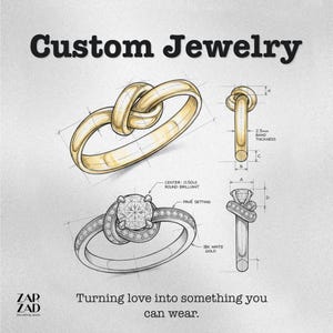 Peut inclure: Illustration de créations de bijoux personnalisés, dont une bague dorée en forme de nœud et une bague de fiançailles en diamant avec un sertissage pavé. Le texte indique "Custom Jewelry" et "Turning love into something you can wear."