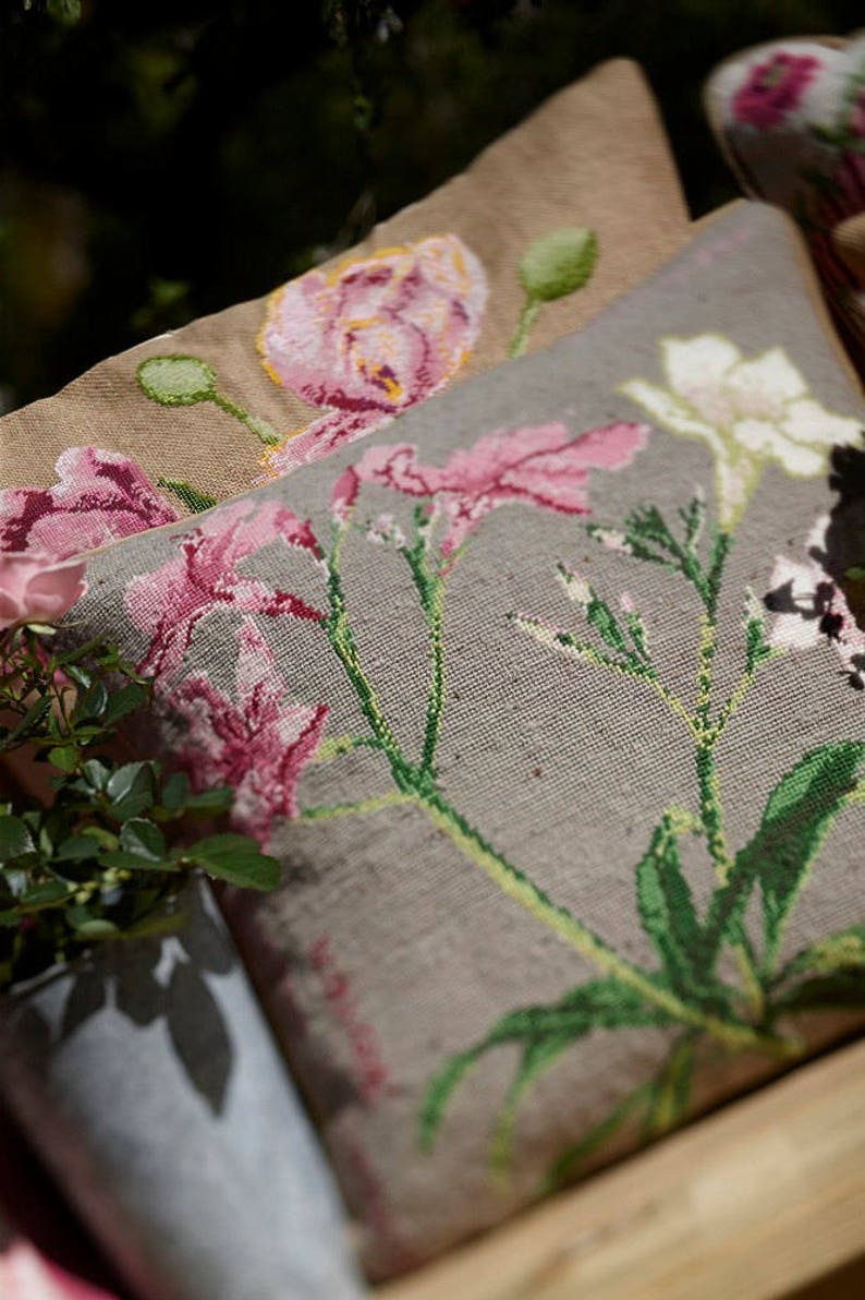 Cross stitch kit OLEANDER diy,needlepoint,botanical,needlepoint pillow,swedish,handmade,flower cushion,burlap pillow,diy,embroidery