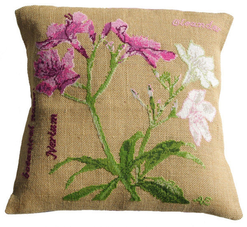 Cross stitch kit OLEANDER diy,needlepoint,botanical,needlepoint pillow,swedish,handmade,flower cushion,burlap pillow,diy,embroidery