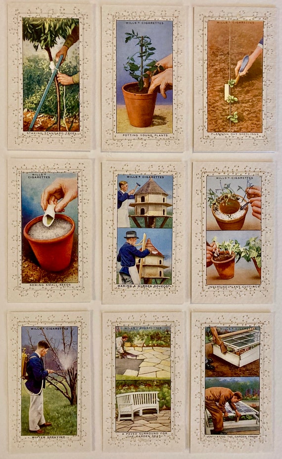 embroidered cigarette cards Garden Hints Series - Original Vintage Will's Cigarette Cards Collaged,  Embroidered and Framed. Perfect Gift for a Gardening Enthusiast!