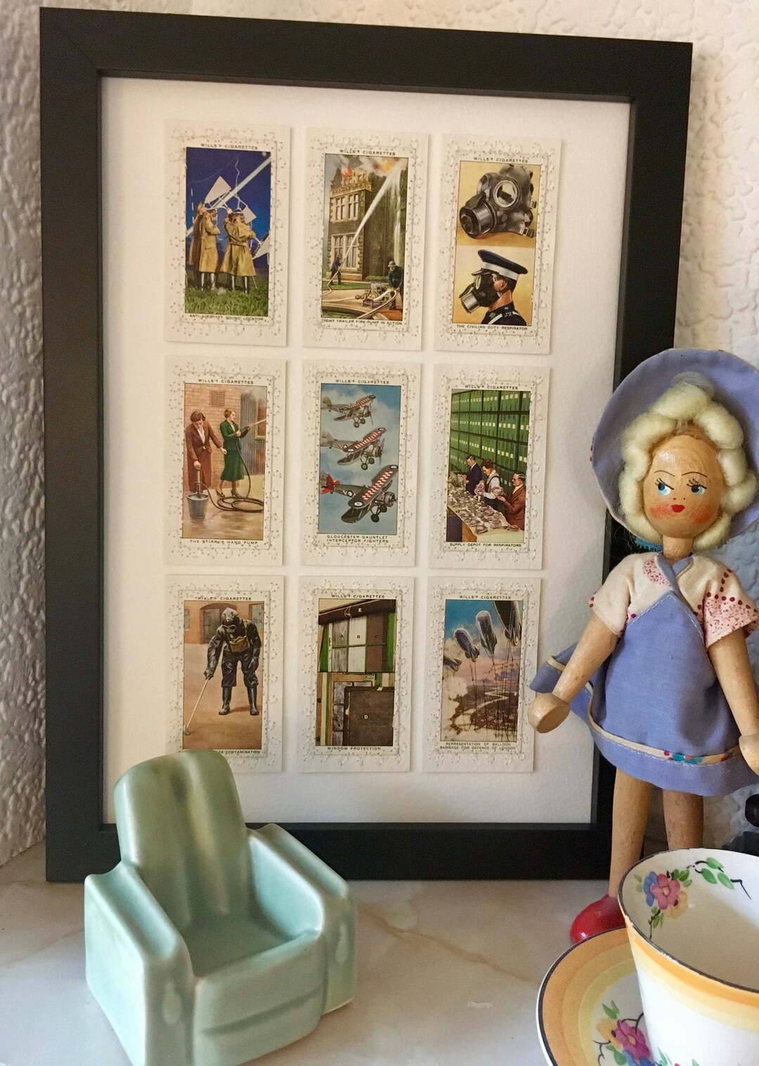 wills cigarette cards air raid precautions Air Raid Precautions - Vintage Will's Cigarette Cards - Collaged,  Embroidered and Framed. Great Gift for a 1940's Enthusiast