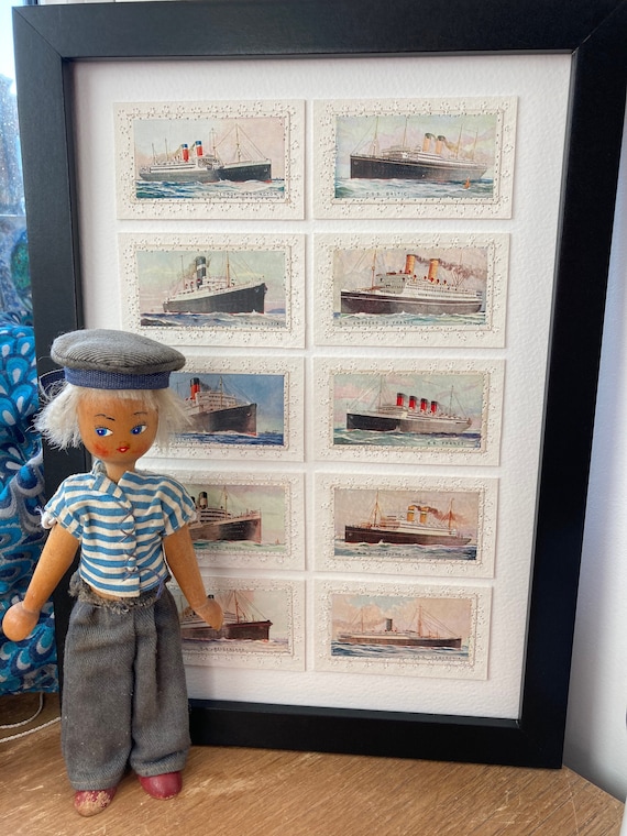 embroidered cigarette cards Ships - Merchant Ships of Yesteryear, Vintage Cigarette Cards, Collaged,  Embroidered and Framed.perfect Gift for a Nautical Recipient!