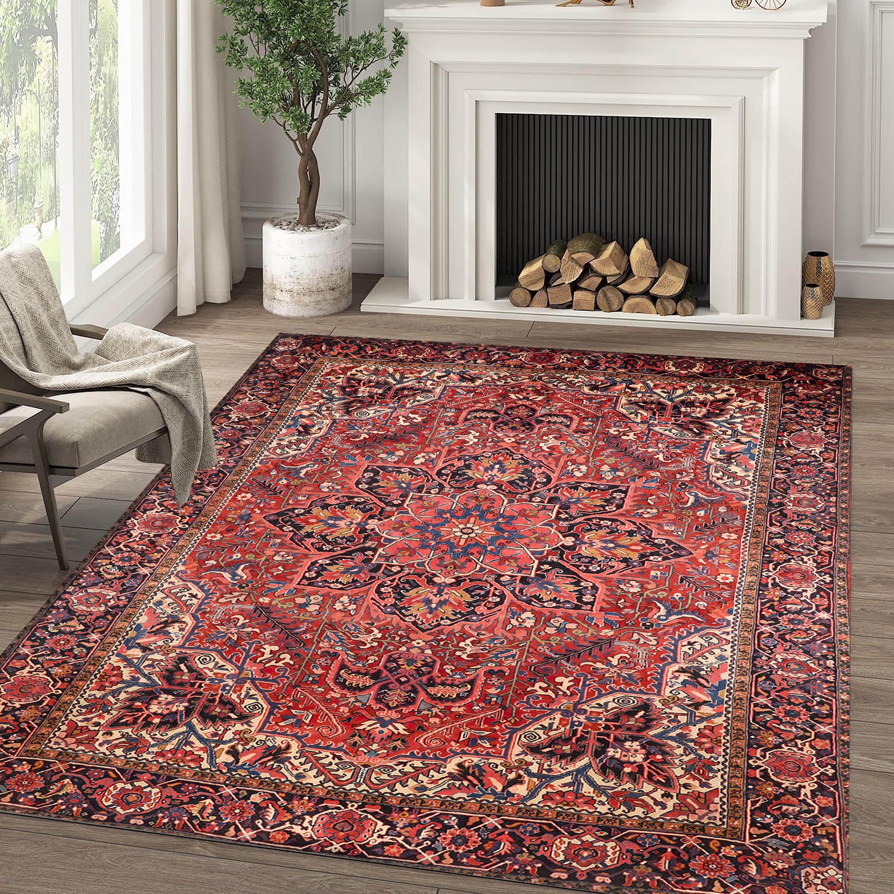Red Cream Floral Turkish Vintage Style Rug, Multi Size Red