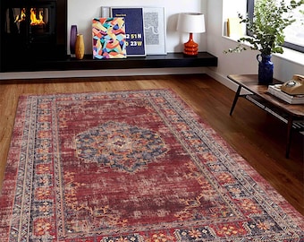 Distressed Burgundy Turkish Rug: Vintage Bohemian Style Area Rug