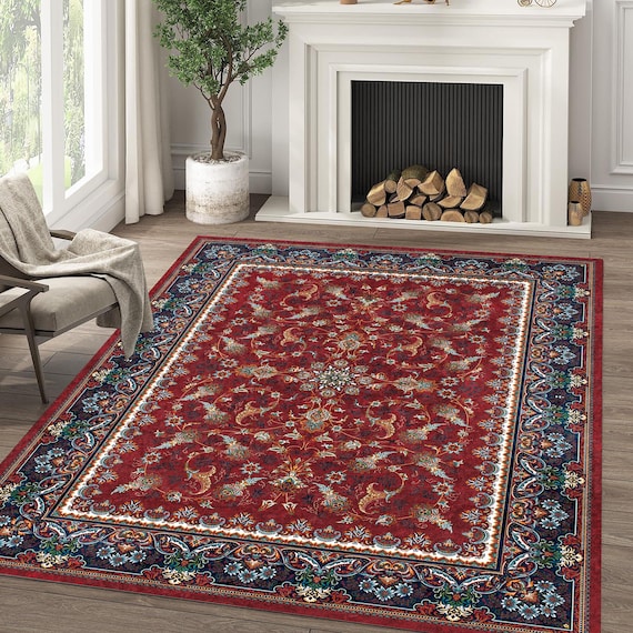 Burgundy Blue Floral Area Rug: Washable Turkish Oushak Kilim Rug