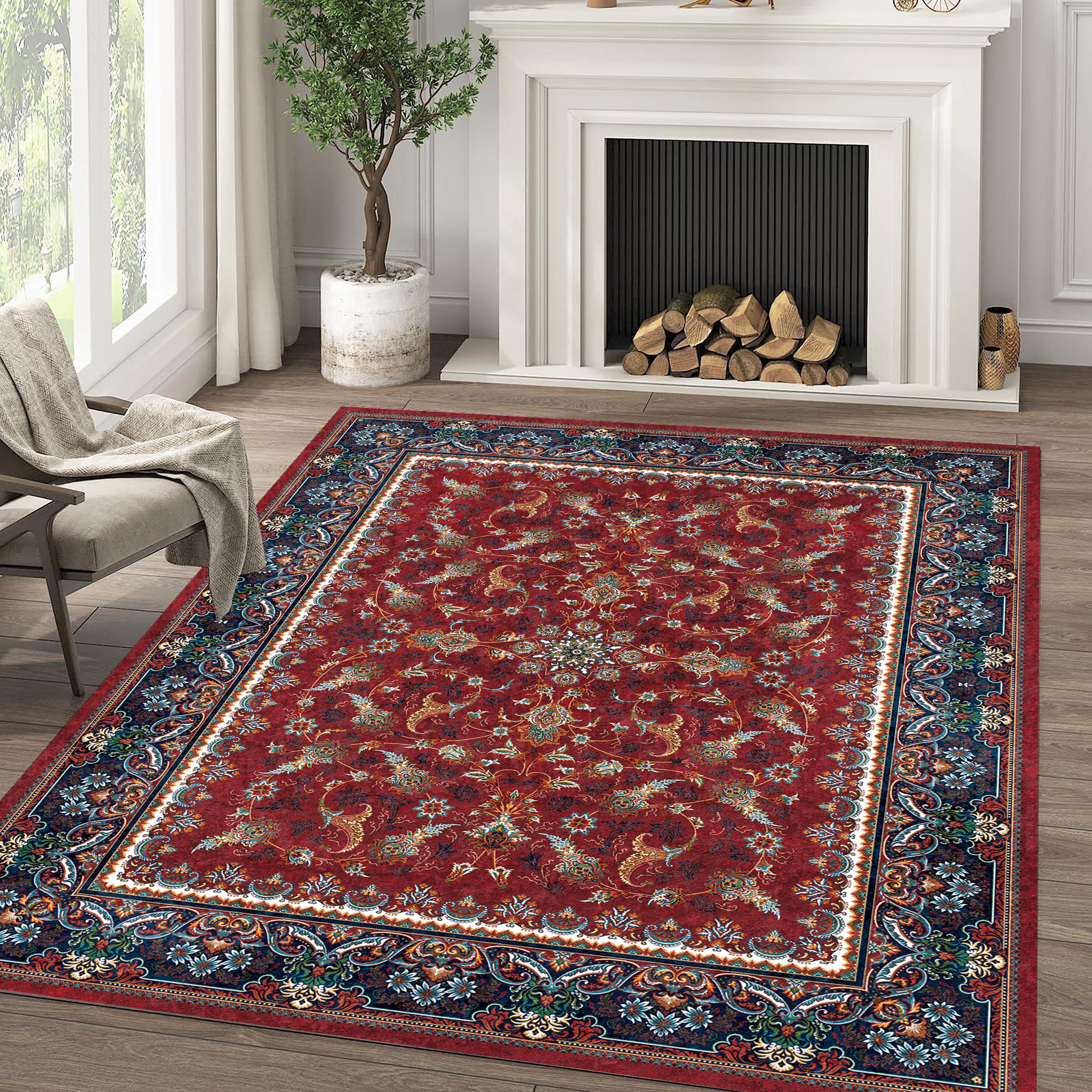 Burgundy Blue Floral Area Rug: Washable Turkish Oushak Kilim Rug