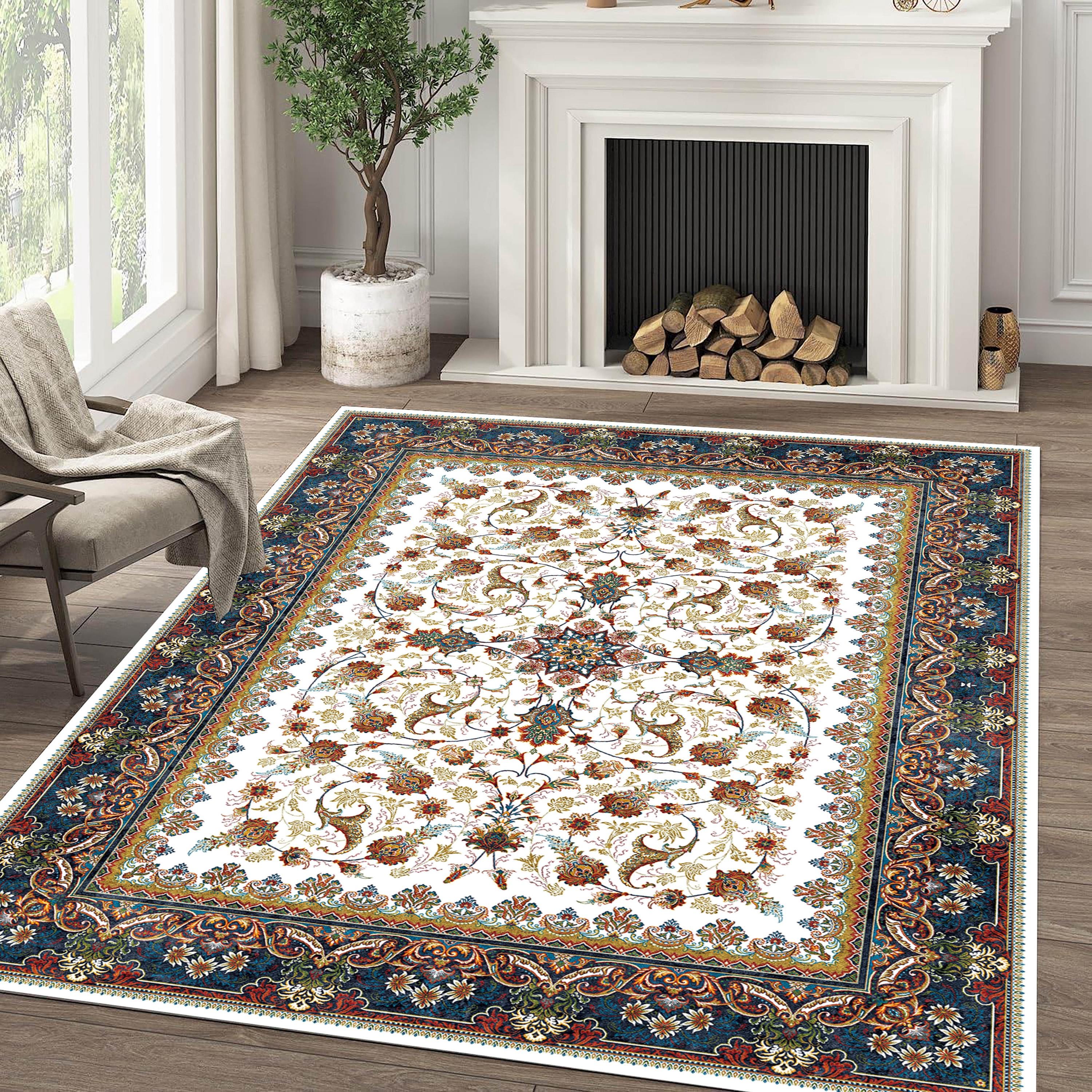 Floral Persian Style Area Rug: White & Blue Oriental Flower