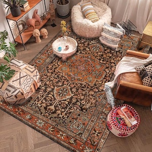 Vintage verweerd oranje oosters tapijt, shabby chic tapijt, woonkamer afbeelding 4