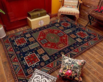 Red Navy Geometric Oriental Rug: Washable Cotton Area Rug