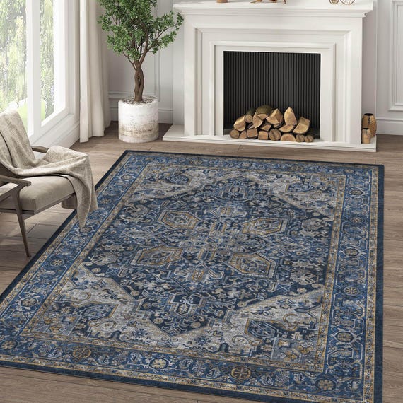 Blue Teal Oriental Vintage Rug, Oversize Area Rugs, Blue Carpet For Living Room, Multi- Purpose Anti Slip Rug, Decorative Abstract Floor Rug