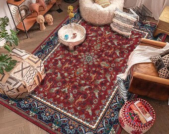 Burgundy Blue Floral Area Rug: Washable Turkish Oushak Kilim Rug