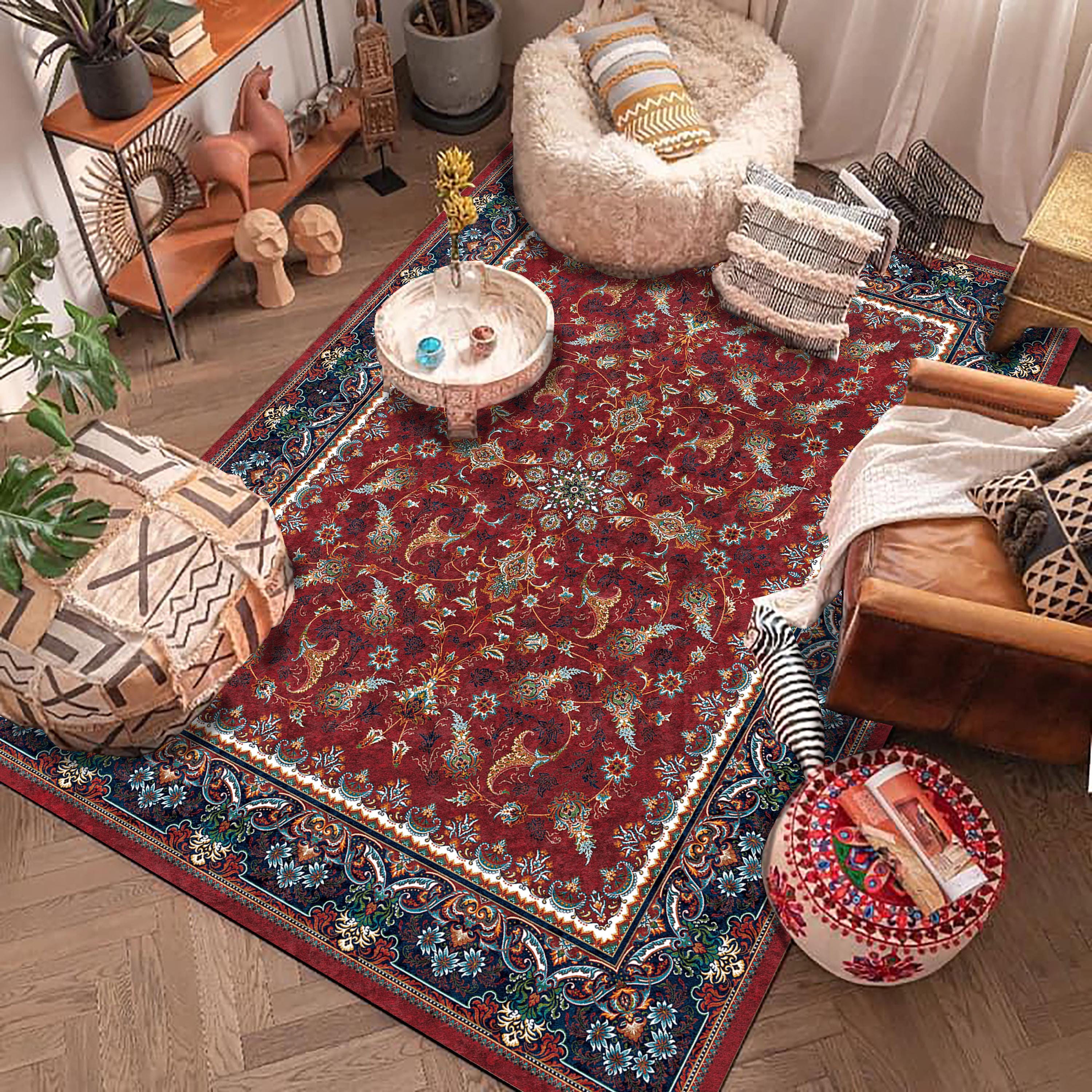 Burgundy Blue Floral Area Rug: Washable Turkish Oushak Kilim Rug