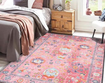 Pink Floral Area Rug: Modern Washable Rug for Bedroom or Kitchen, Home Decor