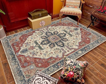 May include: A rectangular area rug with a central floral medallion design in cream, navy, and red. The rug is surrounded by a navy border and is placed on a wooden floor. Two decorative pillows are visible.
