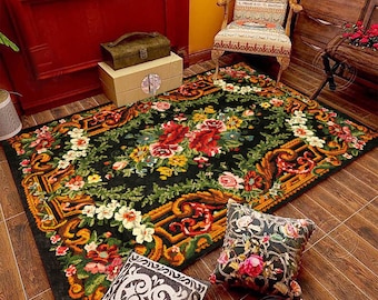 Colourful Floral Accent Rug, Oriental Flowers Pattern Black & Gold Carpet, Turkish Multi Color Kilim, Customizable Rug, Home Decor Area Rug