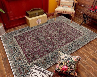 Burgundy Blue Floral Area Rug: Washable Turkish Oushak Kilim Rug