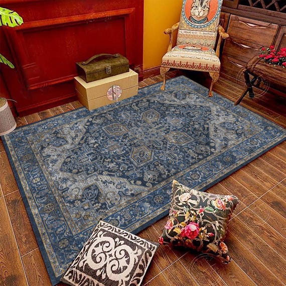 Blue Teal Oriental Vintage Rug, Oversize Area Rugs, Blue Carpet For Living Room, Multi- Purpose Anti Slip Rug, Decorative Abstract Floor Rug