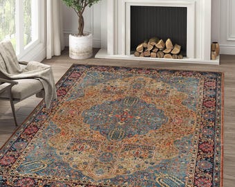 Blauwgoud noodlijdend vloerkleed: vintage boho-oosters tapijt