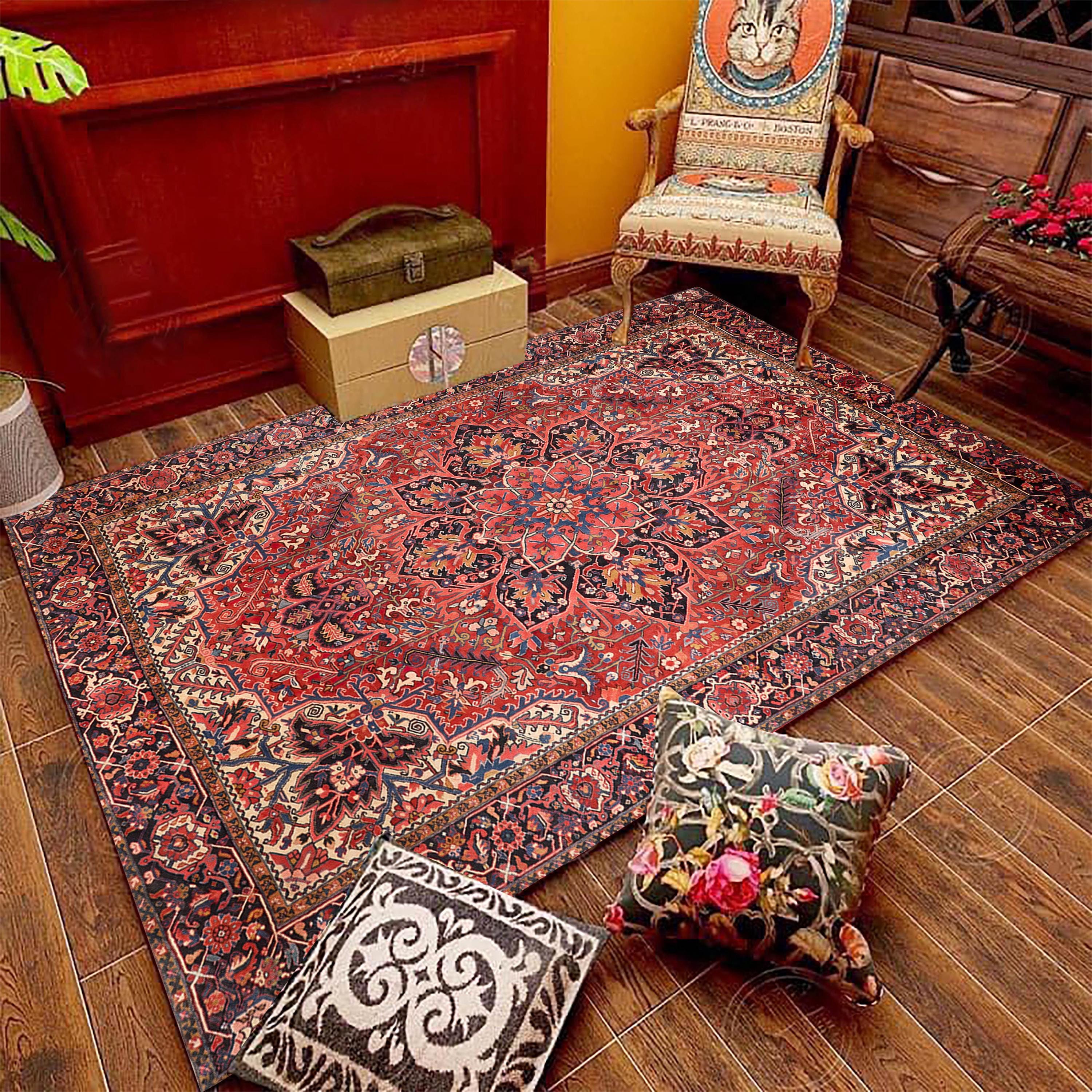 Red Cream Floral Turkish Vintage Style Rug, Multi Size Red