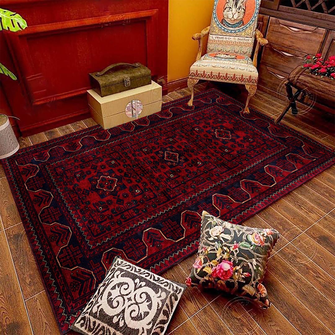 Afghan Red Geometric Rug: Vintage Oriental Style, Washable Area Carpet ...