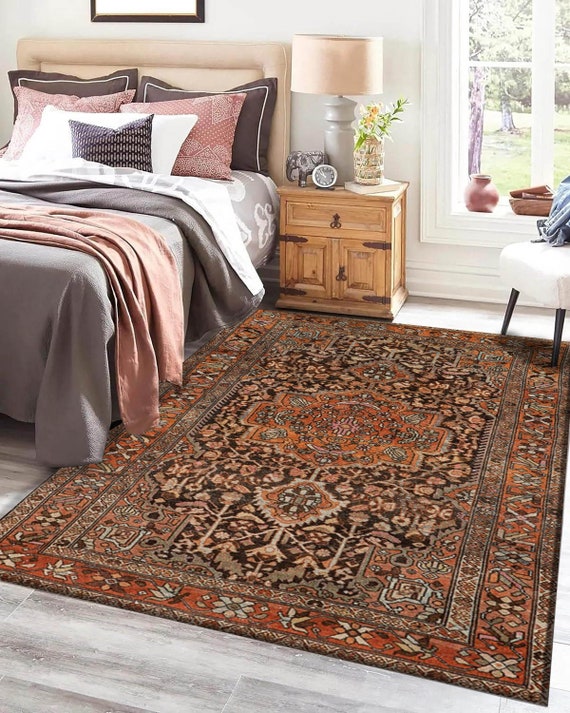 Vintage Distressed Orange Oriental Rug, Shabby Chic Carpet, Living Room