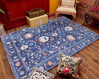 Blue Floral Turkish Area Rug: Washable Non-Slip Modern Decor Carpet