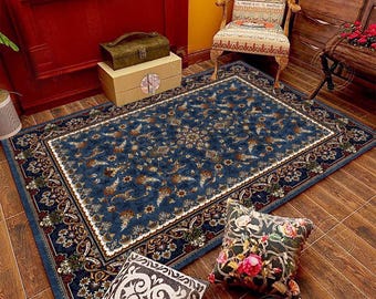Burgundy Blue Floral Area Rug: Washable Turkish Oushak Kilim Rug