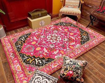 Pink Heriz Style Area Rug: Boho Medallion Design Carpet