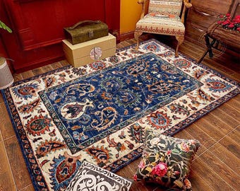Blue Cream Floral Rug, Oversize Rug, Oriental Vintage Style Rug, Textured Soft Flowers Carpet, Area Rugs For Living Room, Bedroom Rug