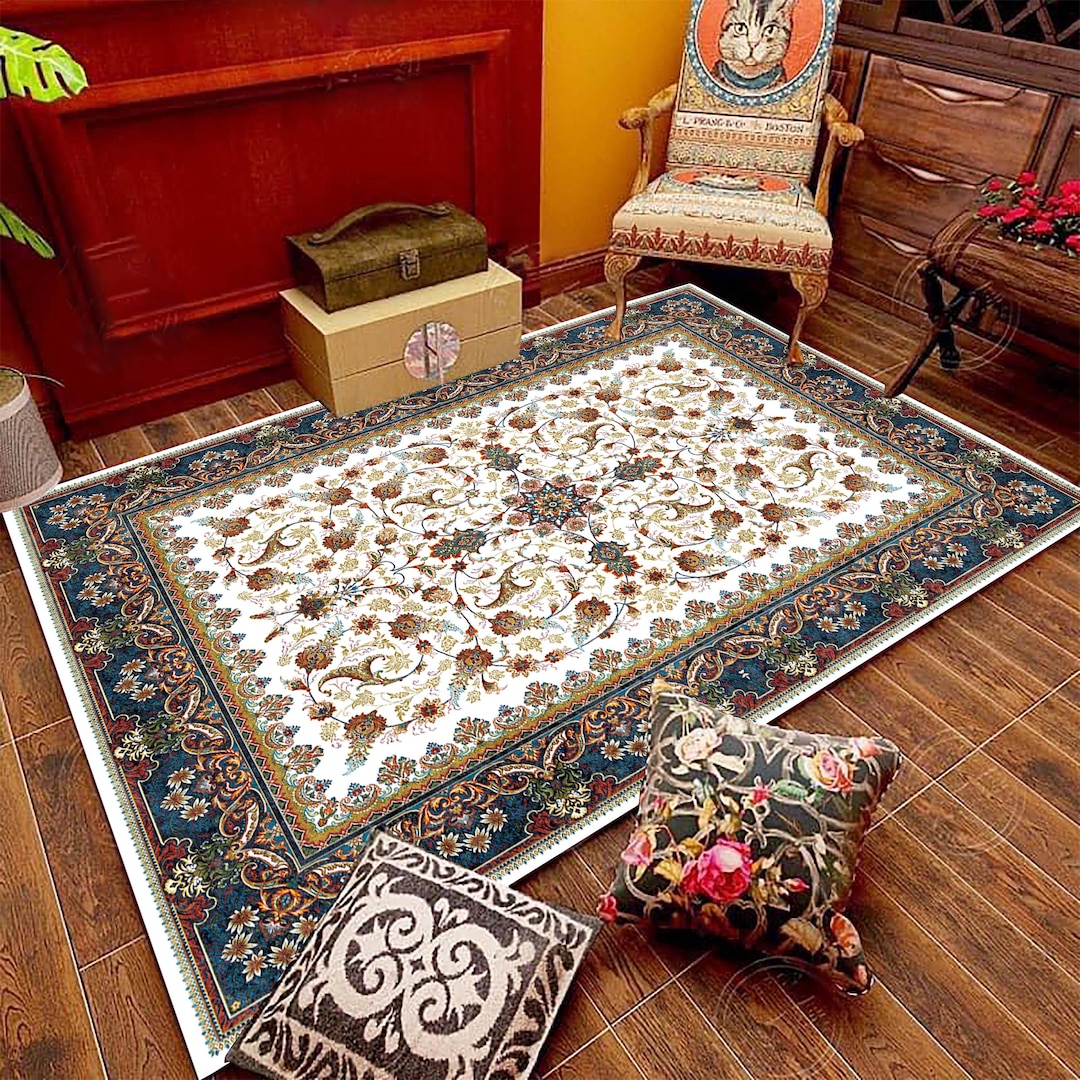 Floral Persian Style Area Rug: White & Blue Oriental Flower