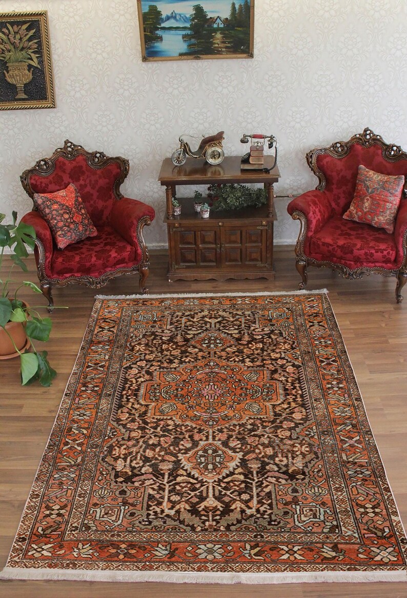Vintage verweerd oranje oosters tapijt, shabby chic tapijt, woonkamer afbeelding 6