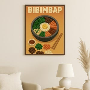 Bibimbap Kunstdruck | Wanddekor für Küche und Küche | Food Poster im Retro-Stil