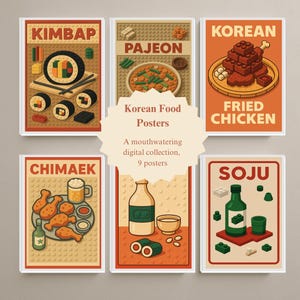 Colección de carteles de comida coreana / Arte mural vintage de cocina coreana / Decoración de cocina divertida / Idea de regalo gastronómico / Conjunto de impresiones de K-Food