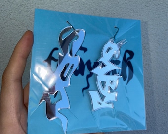 Silver Mirror Acrylic Graffiti Earrings – Y2K Gothic Statement Jewelry