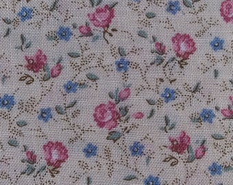 Pink and Blue Floral Print Calico on Beige Quilt Craft Fabric  2 yds x 44" Concord F0031