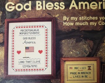 Dios bendiga a América, tierra que amo, folleto de patrones de punto de cruz patrióticos vintage de 1985 bk4255