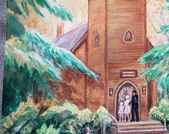 Acuarela original de la década de 1960 de la artista Lorene Spohn: Familia entrando a la iglesia entre los árboles, 30 x 40 cm, Dr09