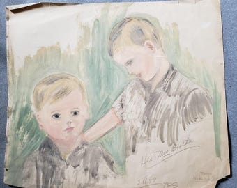 "Él es mi hermano", pintura original en acuarela de Lorene Spohn, década de 1950, 40 x 35 cm, retrato de gemelos Dr08
