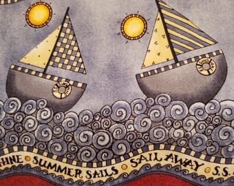 Sailboat Themed Border Print Quilt Fabric Summer Sails SS Sunshine Debbie Mumm 70" x 43" w F0020