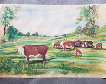 Rey de la manada, Sunny Meadow Farms, acuarela original vintage de los años 50 de Lorene Spohn, paisaje con vacas, 45,7 x 30,5 cm, DR05