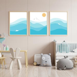 Ocean Set of 3 Prints | Waves Triptych | Digital Download | Beach House Decor | Set of 3 Ocean Waves Prints | Boat Art
