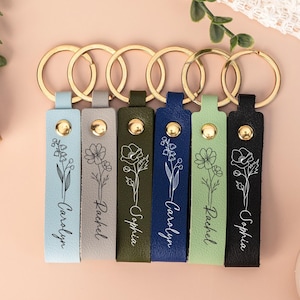 Personalized Leather Keychain with Birth Flower,Custom Keychain Gift for Her,Birthday Anniversary Gift,Wedding Party Gift,Mothers Day Gift