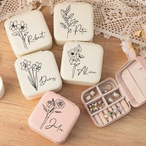 Joyero personalizado, joyero con flor de nacimiento personalizada y nombre, estuche de viaje de cuero, organizador de joyas con flores, regalo de Navidad.