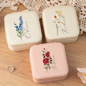 Portagioielli personalizzato, portagioielli da viaggio, portagioielli con fiori di nascita, organizer per gioielli floreali, regalo di compleanno per lei, regalo di nozze