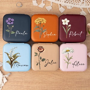 Personalisierte Geburtsblume Schmuckschatulle, personalisierte Schmuckschatulle mit Namen, Leder Schmuck Organisator, Reise Schmuckschatulle, Geschenke für sie, Geburtstagsgeschenk