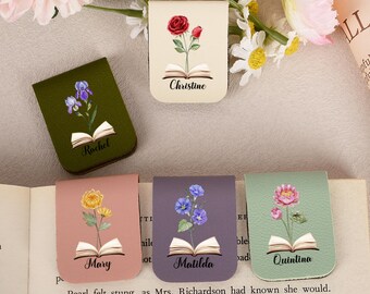Marque-page En Cuir Personnalisé Avec Fleur De Naissance - Magnétique - Idéal Cadeau Pour Amoureux Des Livres