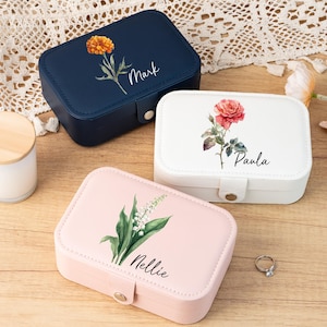 Personalisierte Geburtsblumen-Schmuckschatulle, benutzerdefinierte Blumenleder Schmuckschatulle, Geburtstagsfeier Geschenk für sie, Reiseschmuckveranstalter, Hochzeitsgeschenk