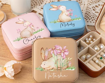 Personalised Bunny Travel Jewellery Box,Custom Cute Rabbit Jewelry Case For Little Girls,Easter Party Gift,Happy Easter Gifts,Birthday Gift